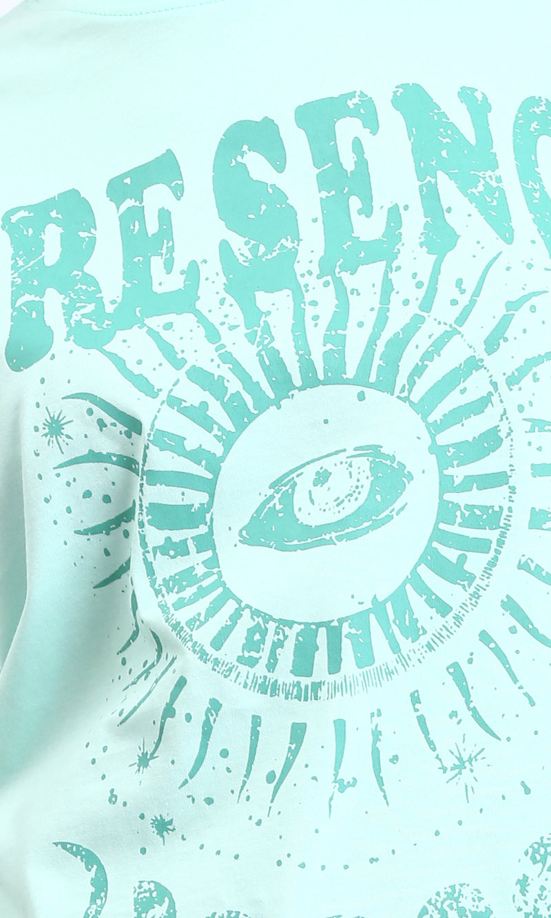 R208506 - Elbow Sleeves Printed Slip On Tee - Aqua