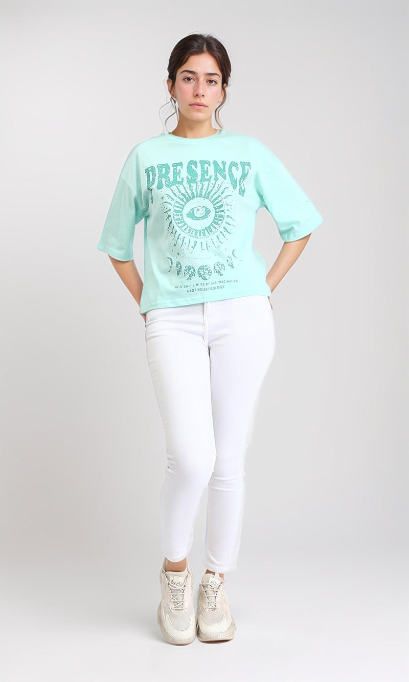 R208506 - Elbow Sleeves Printed Slip On Tee - Aqua