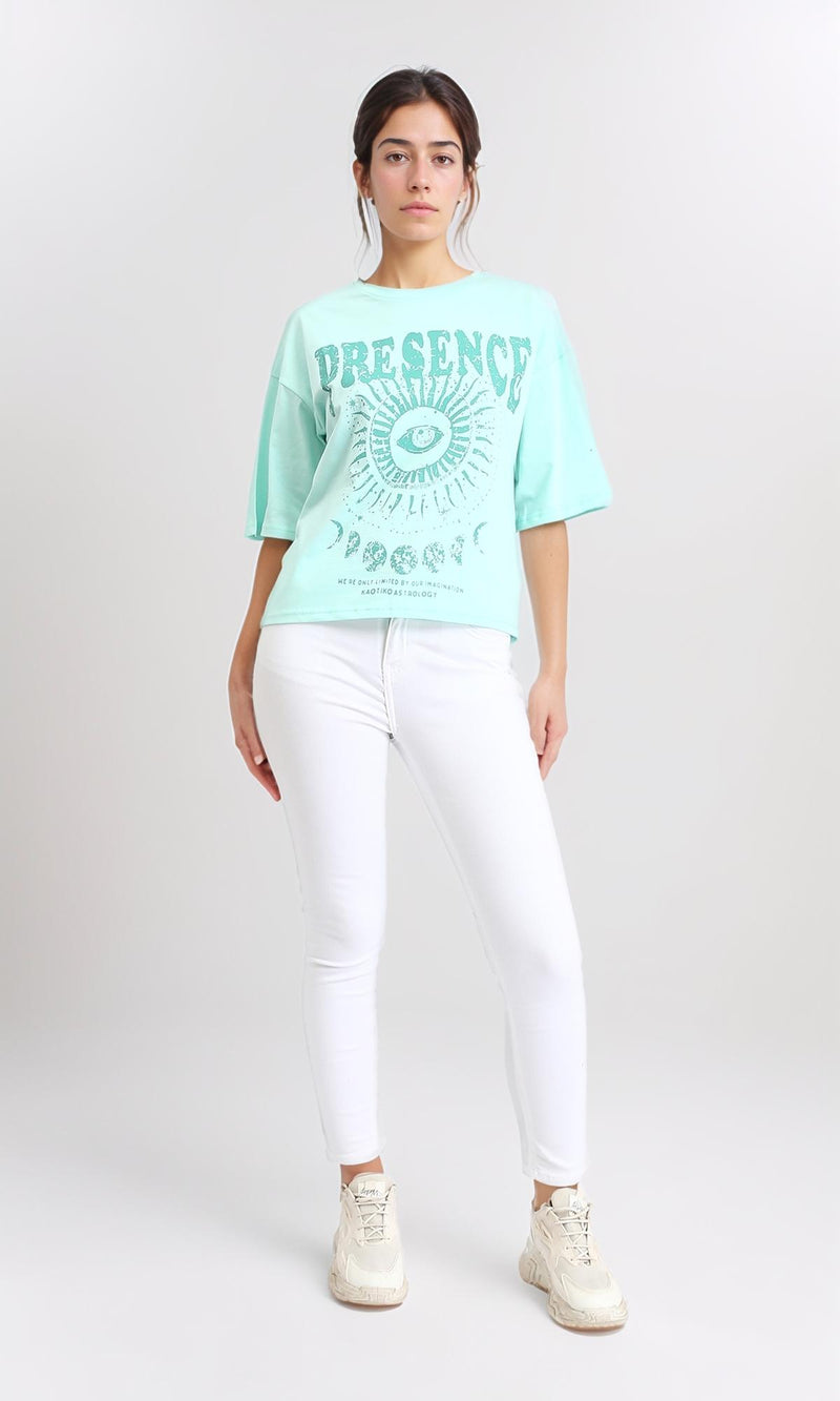 R208506 - Elbow Sleeves Printed Slip On Tee - Aqua
