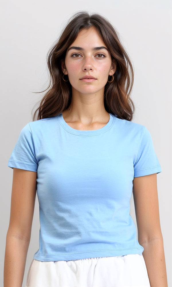 R208511 - Round Neck Solid Basic Tee - Light Blue
