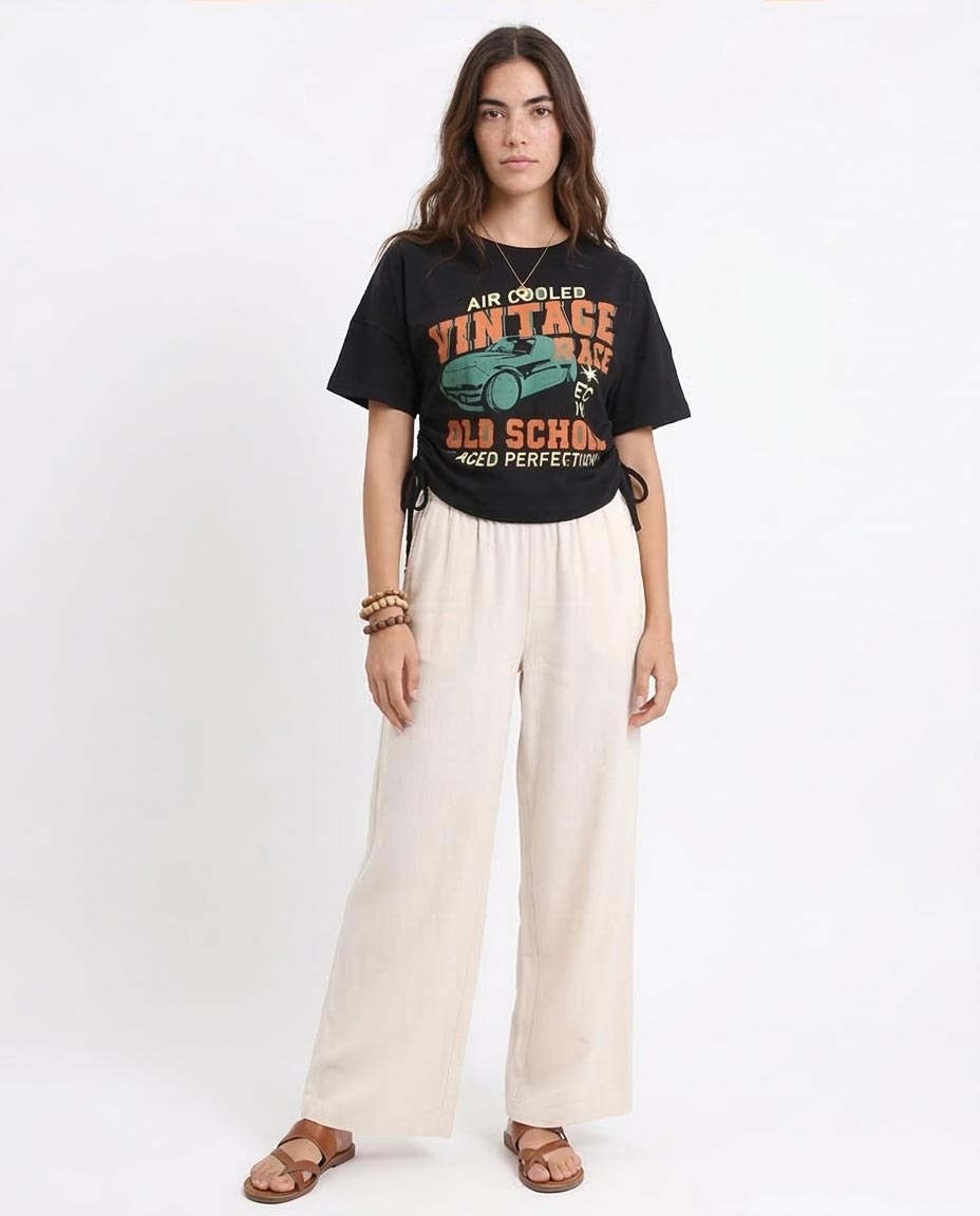 تيشيرت رافين نسائي جرافيك سباق عتيق بأطراف جانبية قابلة للتعديل - أسود - R208513