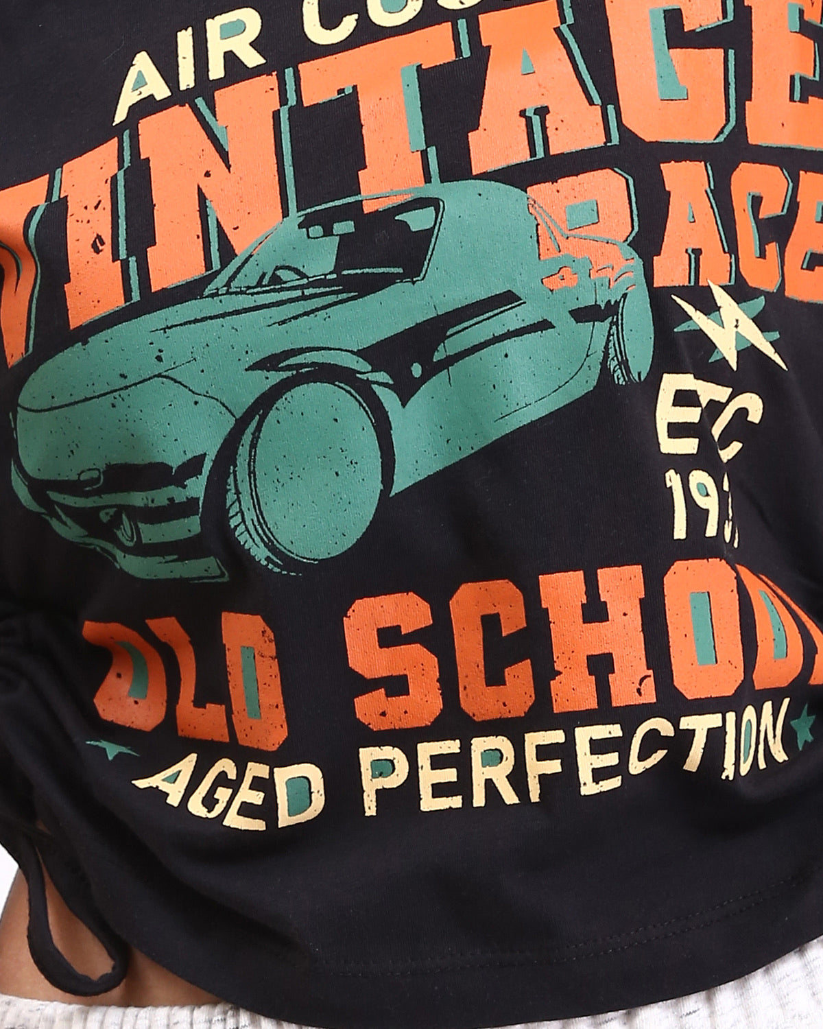 تيشيرت رافين نسائي جرافيك سباق عتيق بأطراف جانبية قابلة للتعديل - أسود - R208513