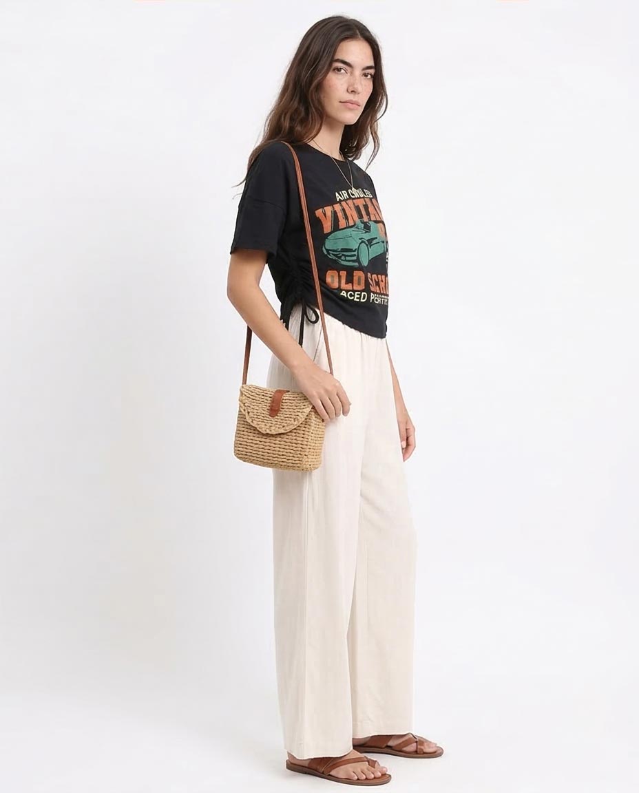 تيشيرت رافين نسائي جرافيك سباق عتيق بأطراف جانبية قابلة للتعديل - أسود - R208513