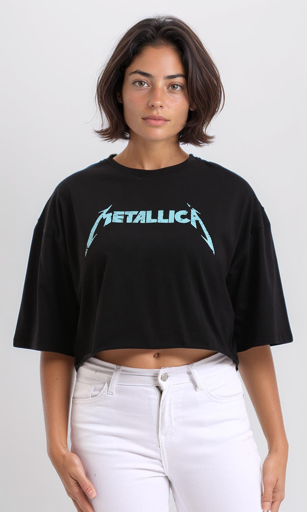 R208514 - Printed "Metallica" Elbow Sleeves Casual Tee - Black