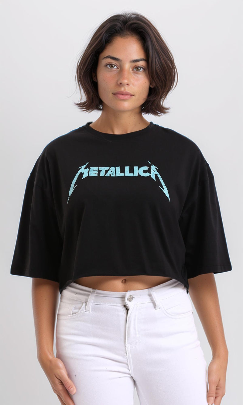 R208514 - Printed "Metallica" Elbow Sleeves Casual Tee - Black