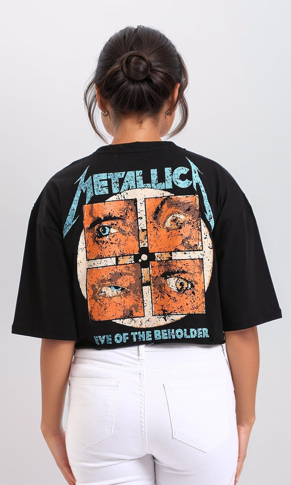 R208514 - Printed "Metallica" Elbow Sleeves Casual Tee - Black
