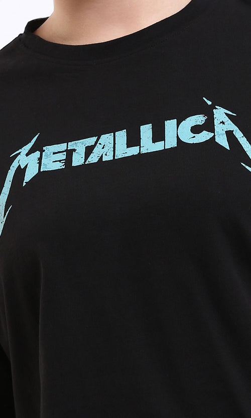 R208514 - Printed "Metallica" Elbow Sleeves Casual Tee - Black