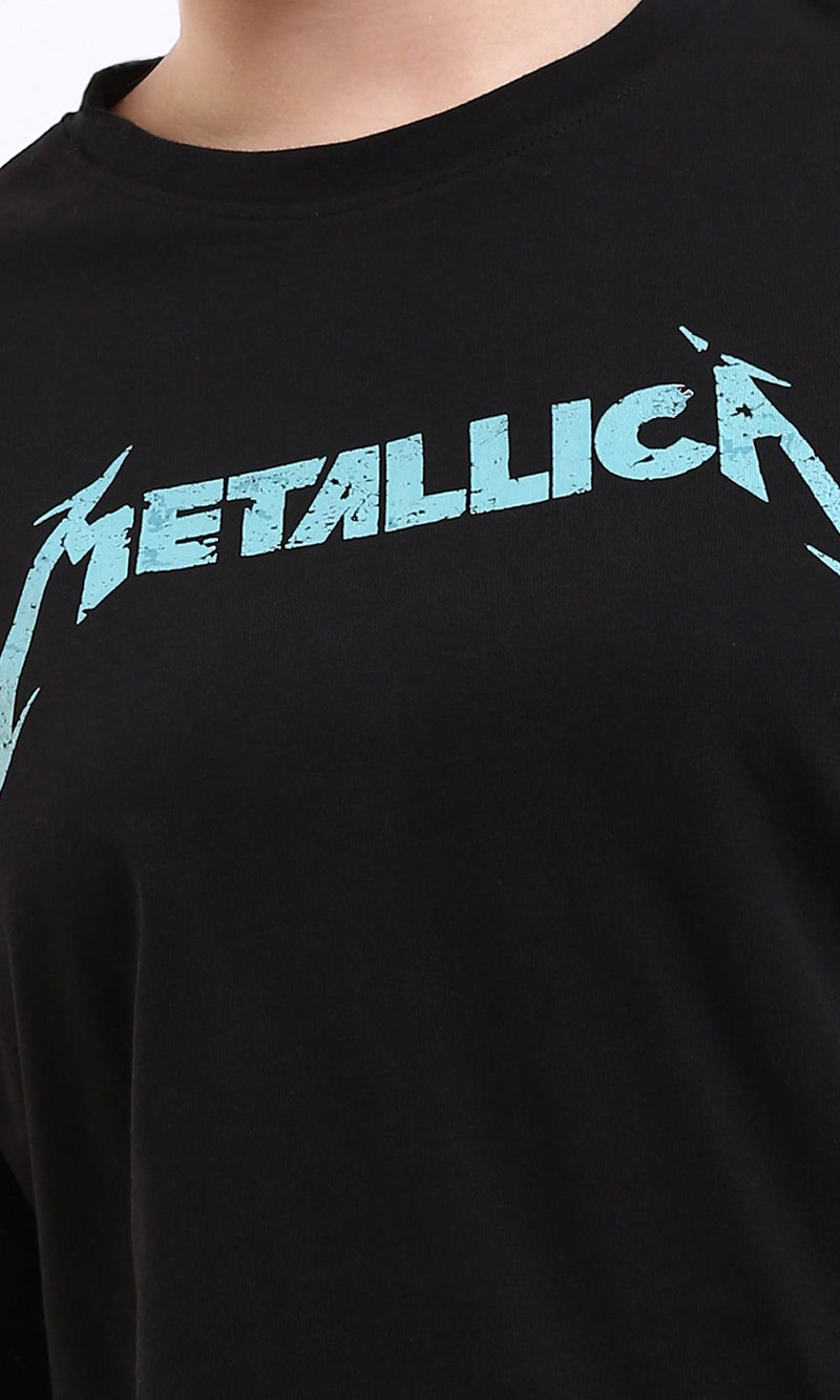 R208514 - Printed "Metallica" Elbow Sleeves Casual Tee - Black