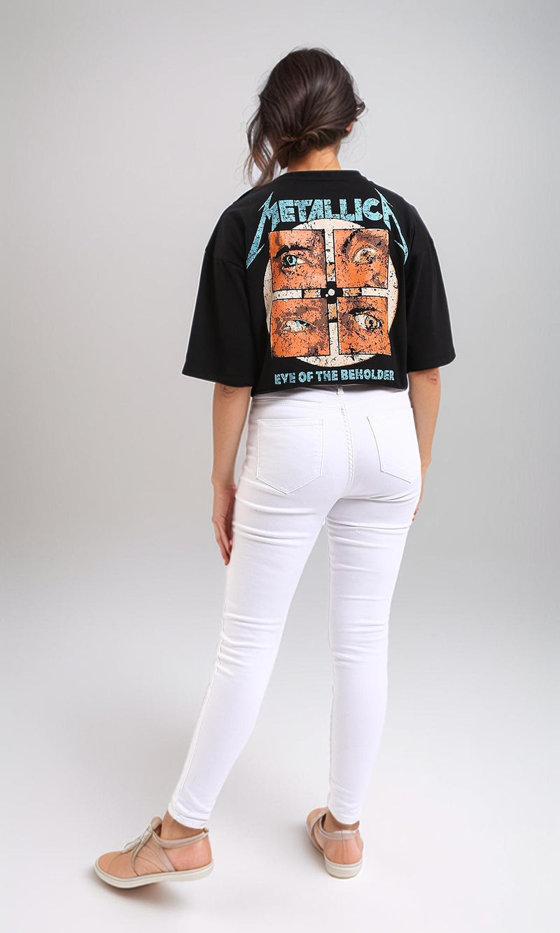R208514 - Printed "Metallica" Elbow Sleeves Casual Tee - Black