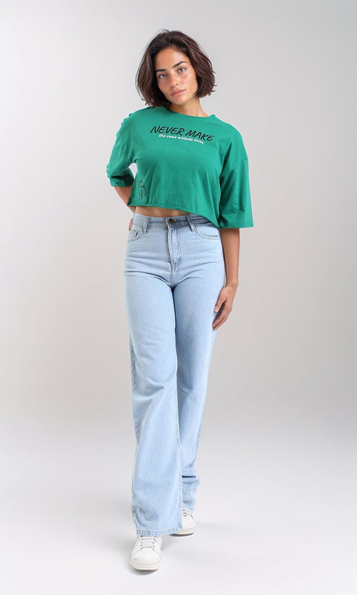 R208516-Printed Elbow Sleeves Casual Tee - Green