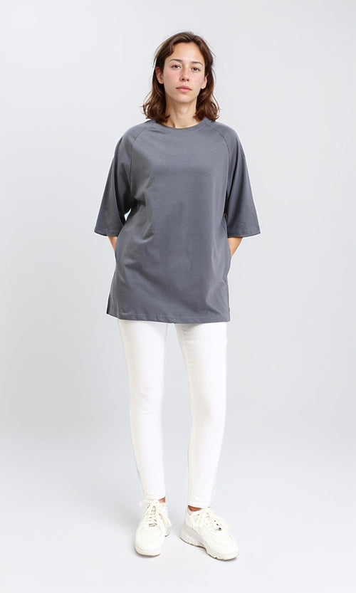R208517 - Solid Relaxed Fit Long Tee - Medium Grey