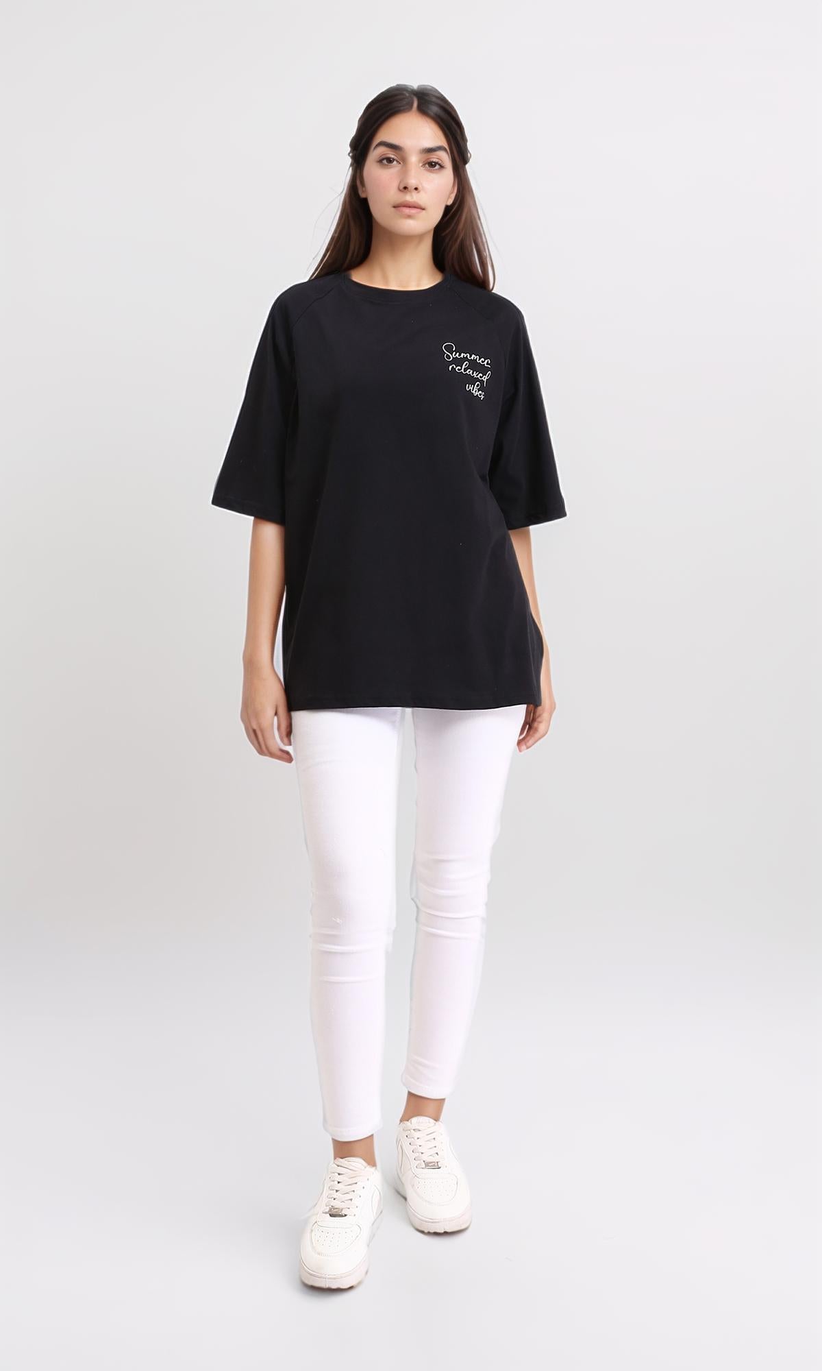R208519 - تي شيرت طويل بطبعة واسعة - أسود