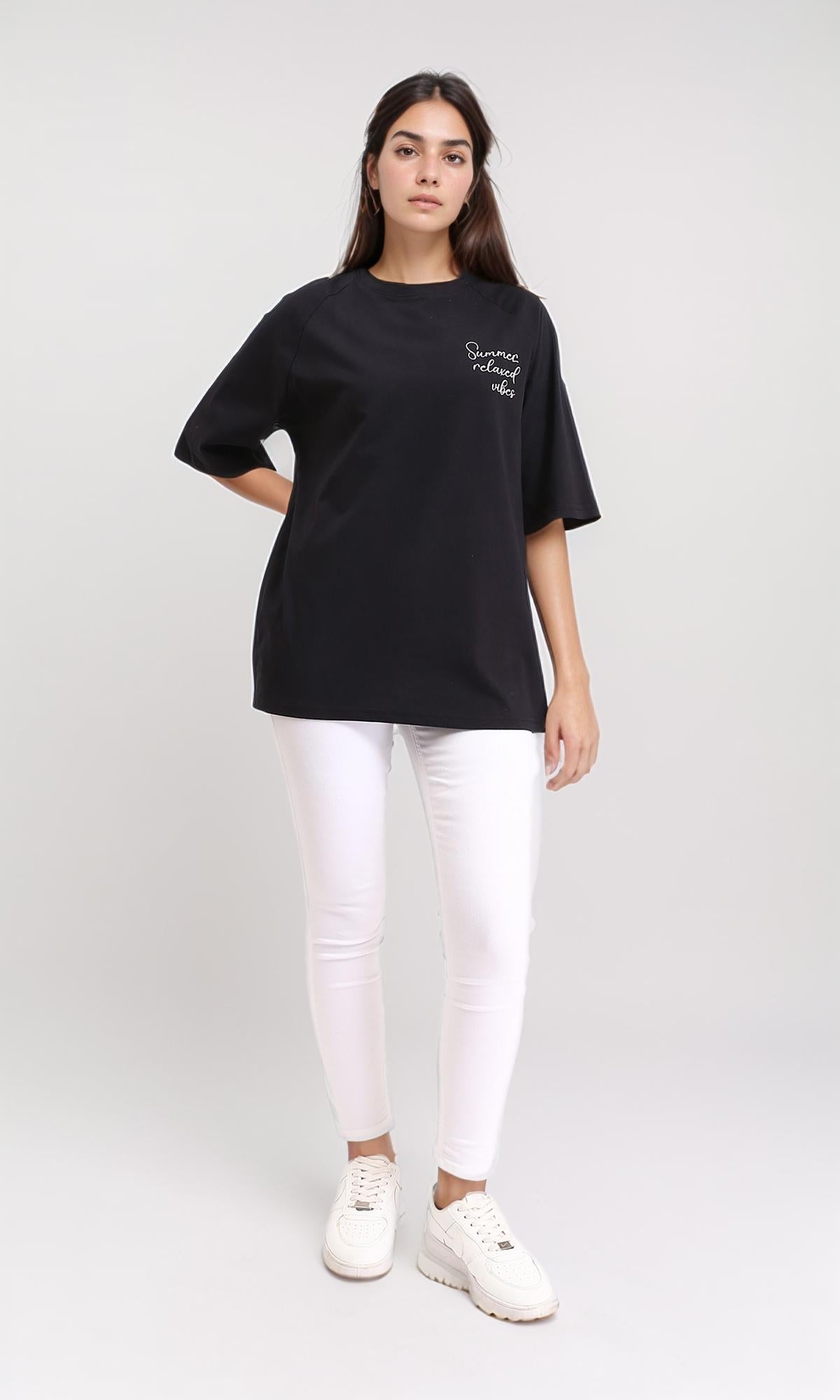 R208519 - تي شيرت طويل بطبعة واسعة - أسود