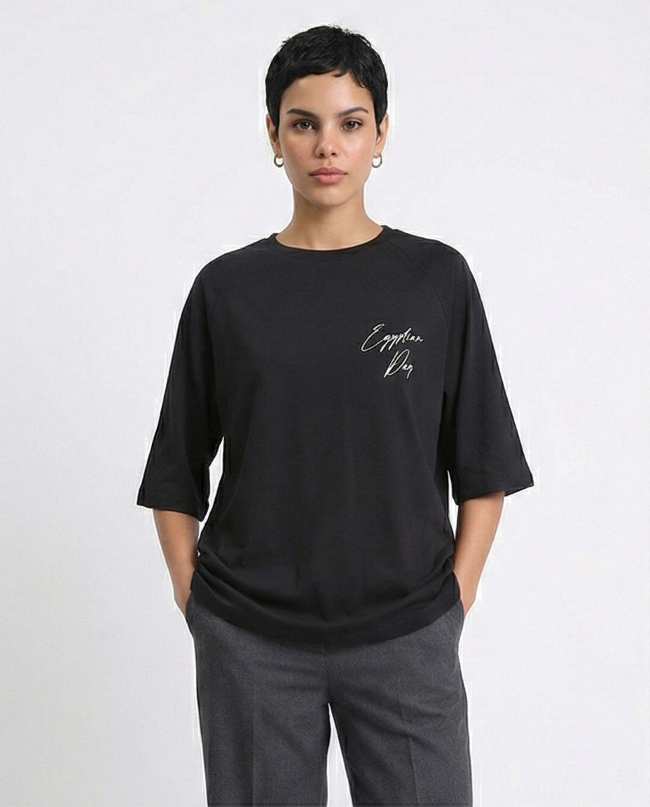 Slip On Relaxed Fit Cotton Long Tee - Black
