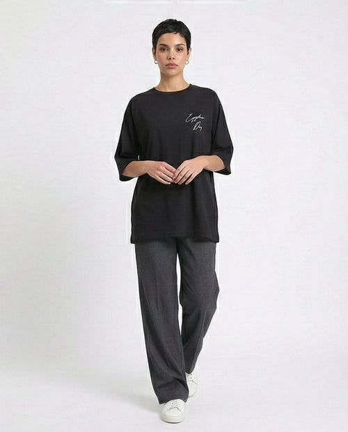 R208520 - Slip On Relaxed Fit Cotton Long Tee - Black