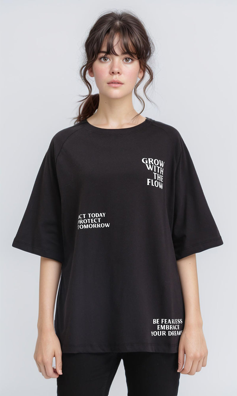 R208521 - Slip On Printed Cotton Long Tee - Black