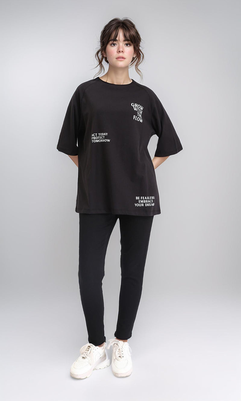 R208521 - Slip On Printed Cotton Long Tee - Black