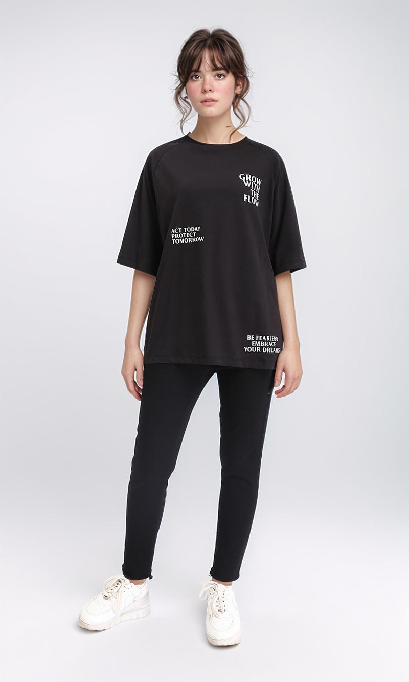 R208521 - Slip On Printed Cotton Long Tee - Black