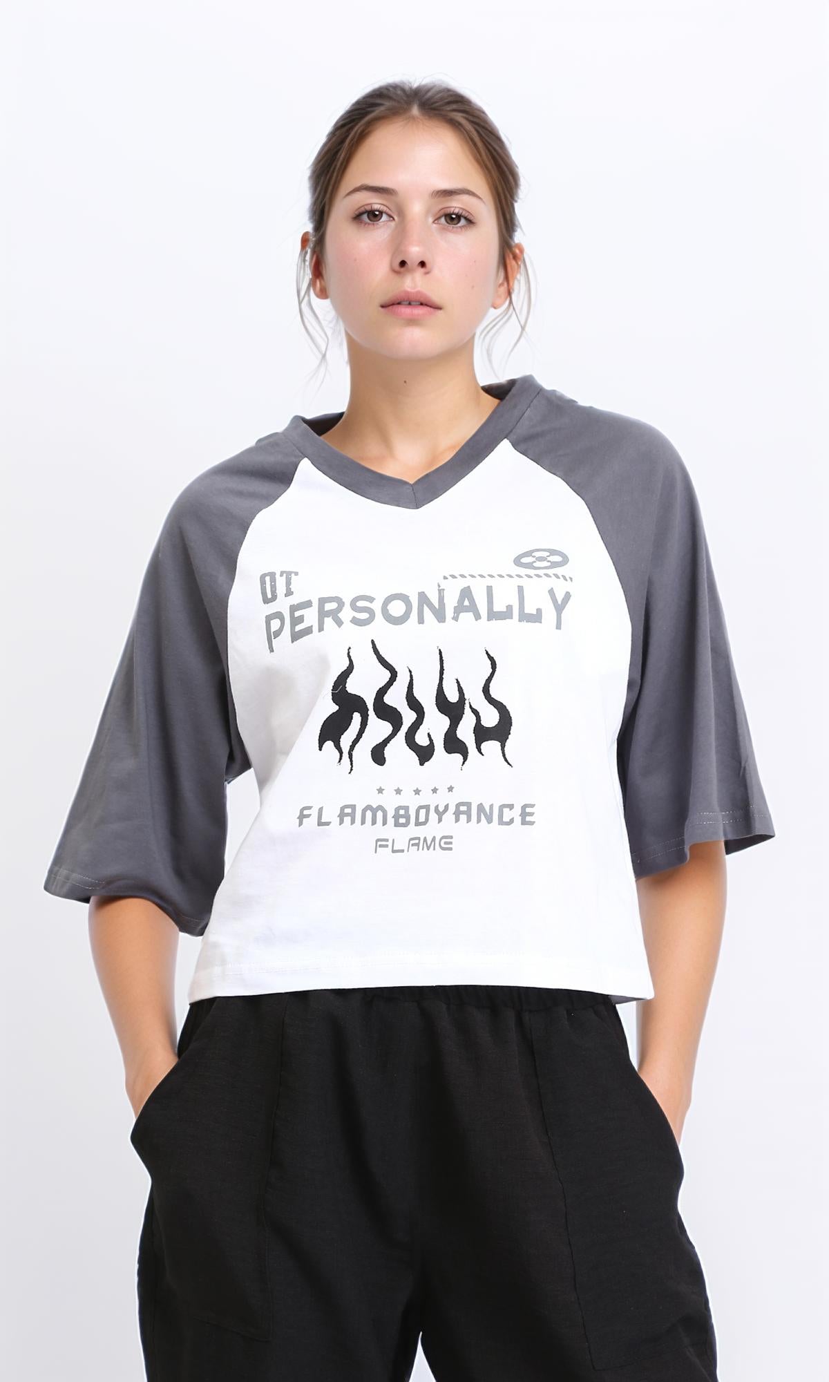 Bi-Tone V-Neck Relaxed Tee - Medium Grey & White