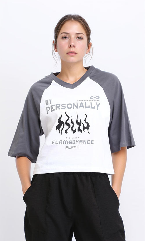 Bi-Tone V-Neck Relaxed Tee - Medium Grey & White