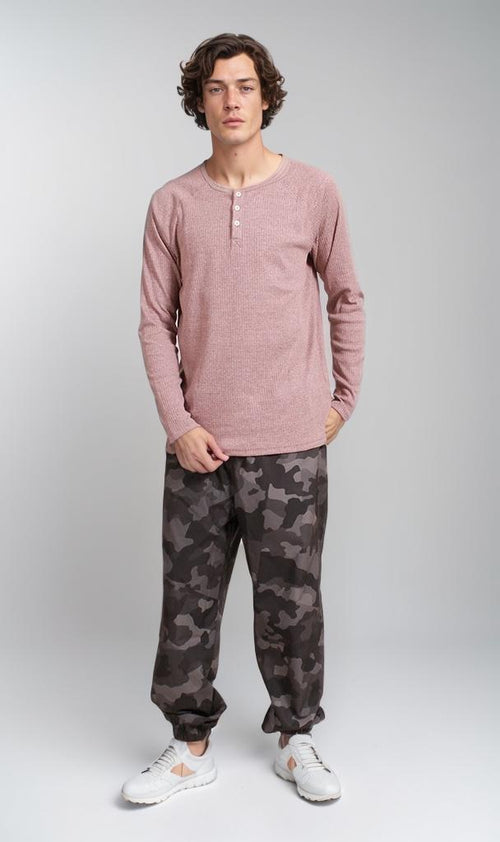 R208534 - Waffle Textured Long-Sleeve Henley Shirt - Mauve