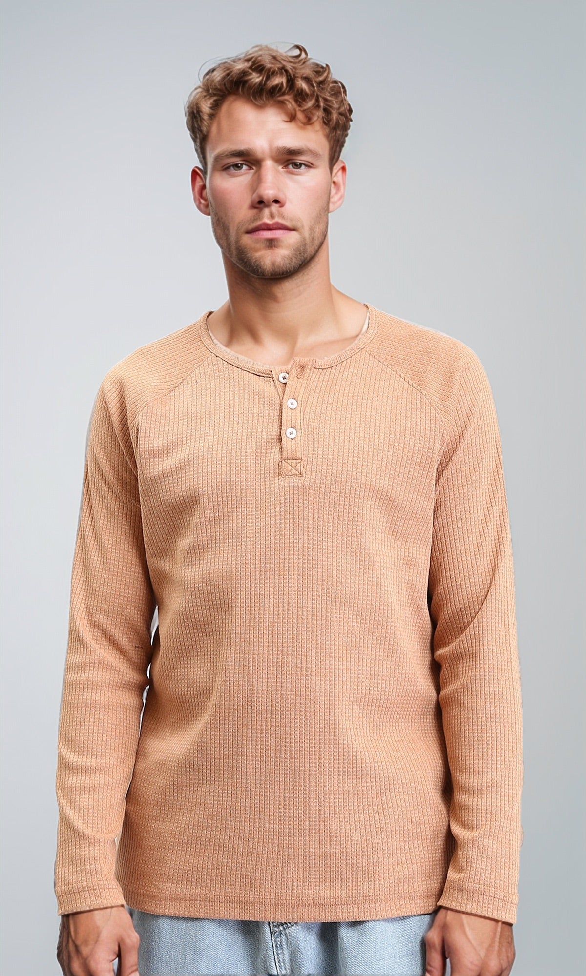 Buttoned Crew Neck Henley Shirt - Light Orange