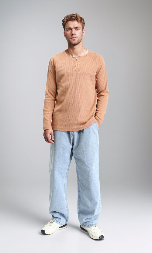 R208535 - Buttoned Crew Neck Henley Shirt - Light Orange