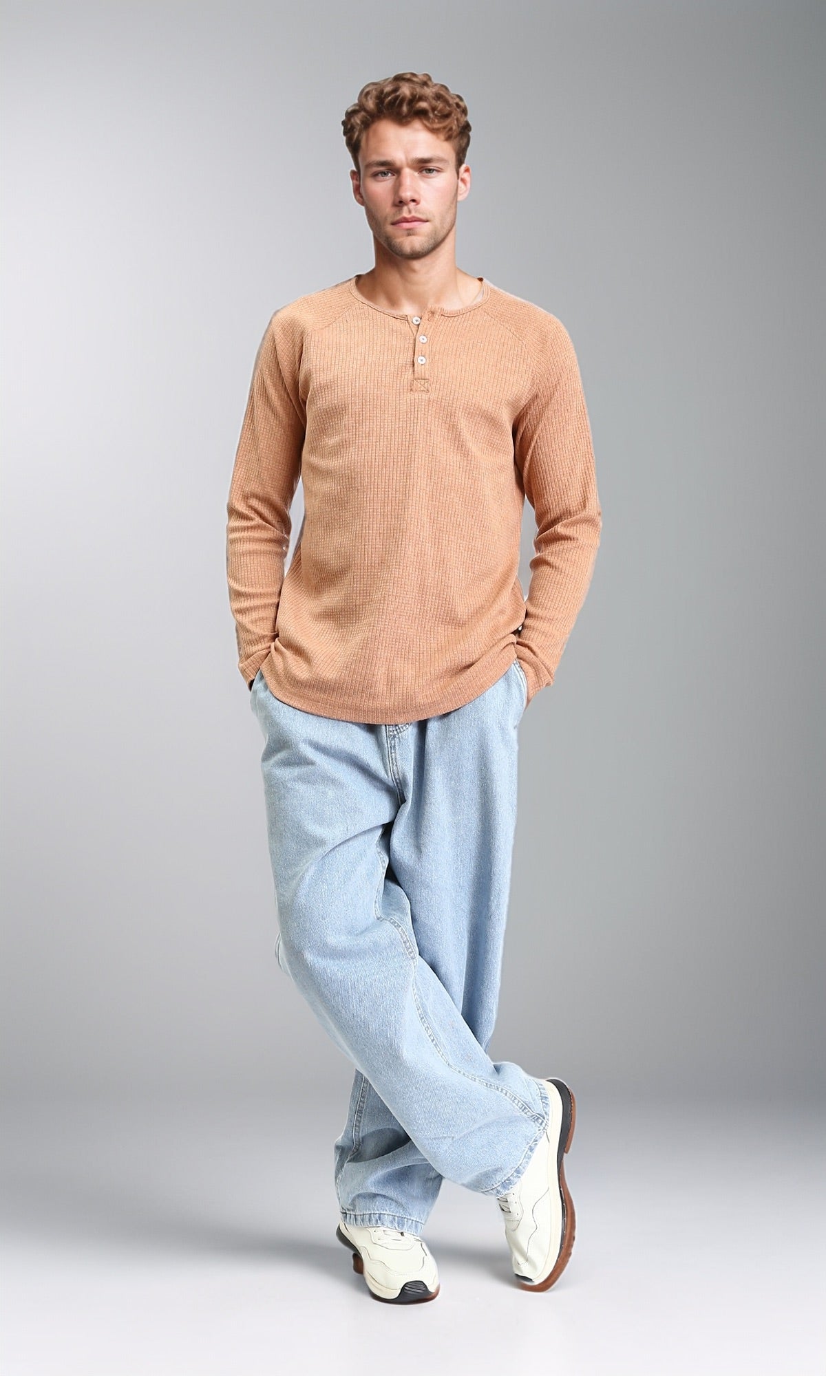 R208535 - Buttoned Crew Neck Henley Shirt - Light Orange