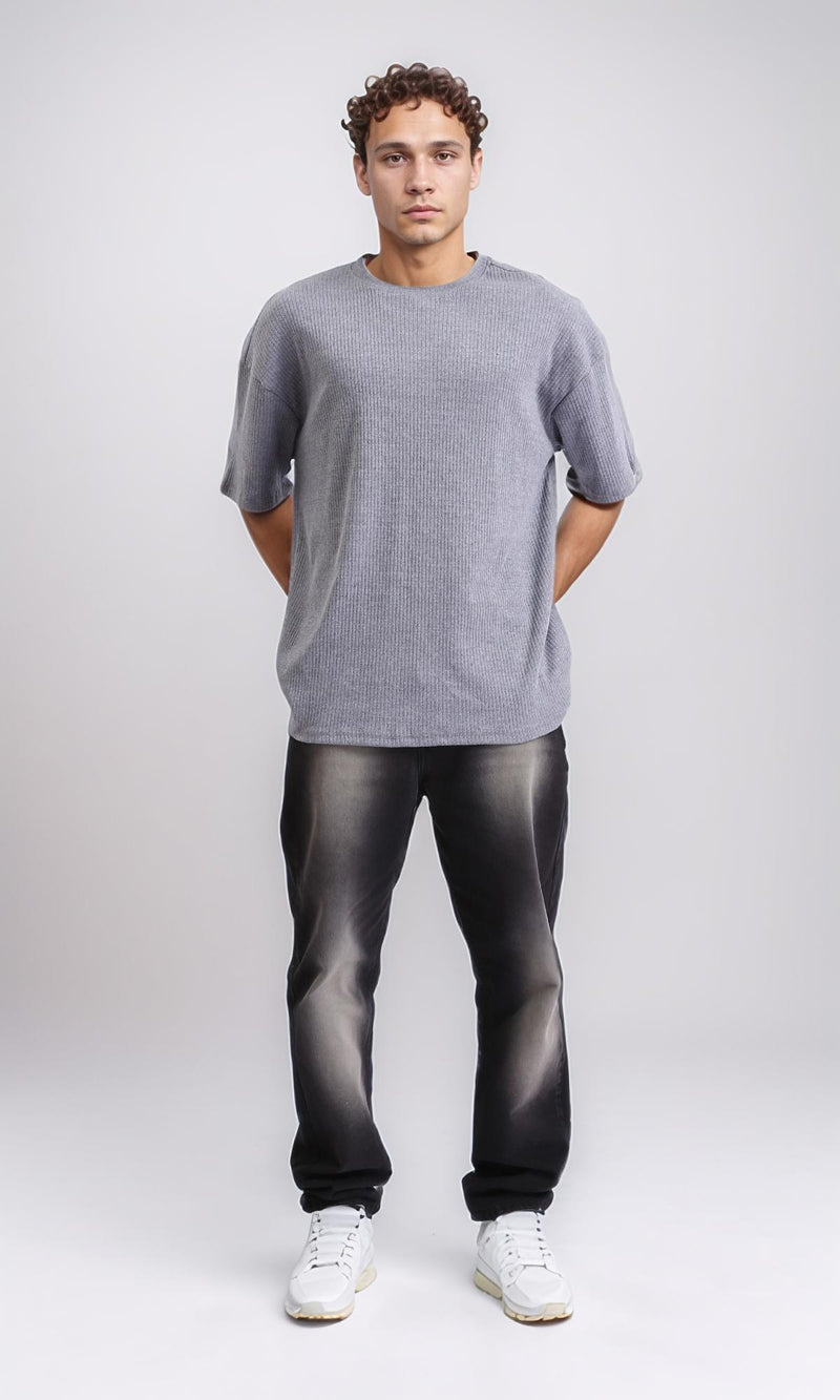 R208543 - Self Pattern Slip On Loose Tee - Medium Grey