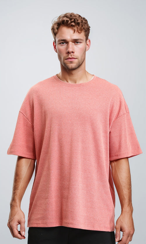 R208544 - Self Pattern Elbow Sleeves Cotton Tee - Coral