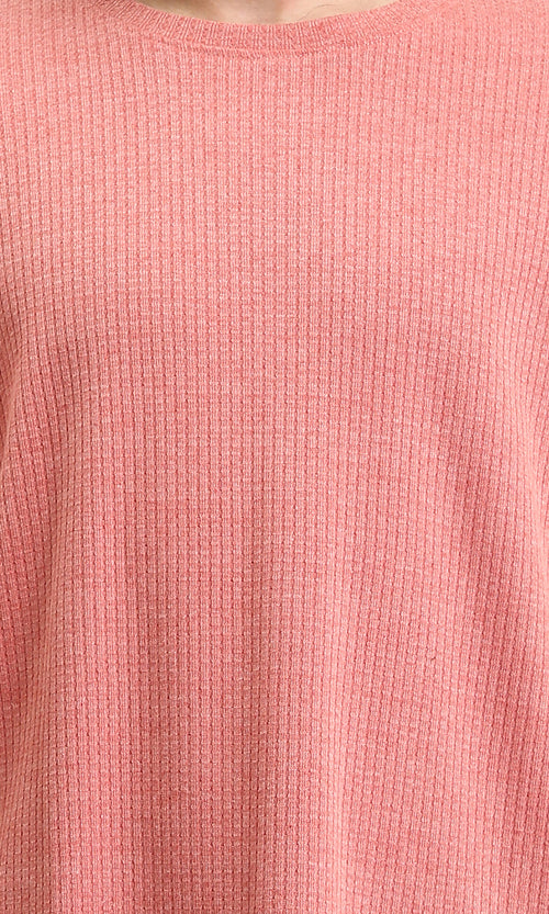 R208544 - Self Pattern Elbow Sleeves Cotton Tee - Coral