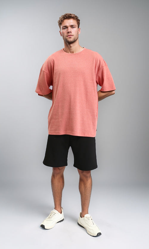 R208544 - Self Pattern Elbow Sleeves Cotton Tee - Coral