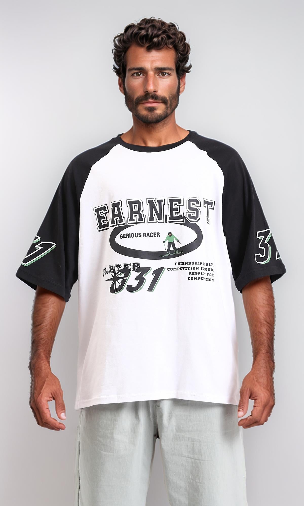 Bi-Tone Crew Neck Printed Tee - Black & White