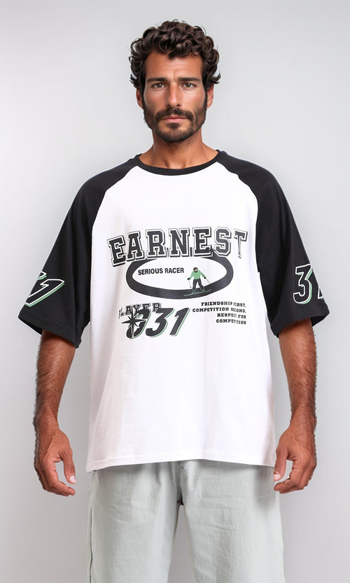 R208547-Bi-Tone Crew Neck Printed Tee - Black & White