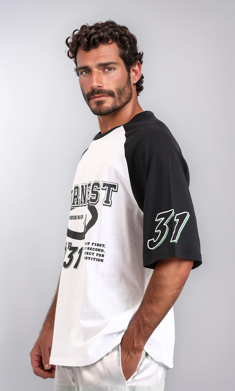 R208547-Bi-Tone Crew Neck Printed Tee - Black & White