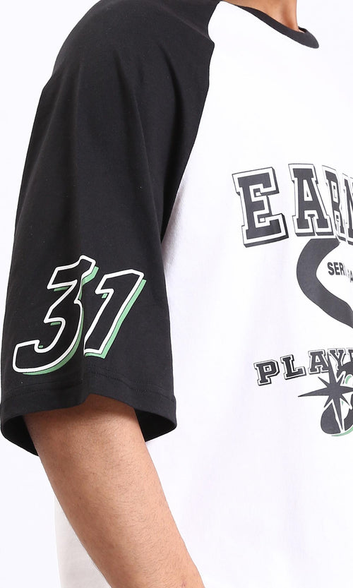 R208547-Bi-Tone Crew Neck Printed Tee - Black & White