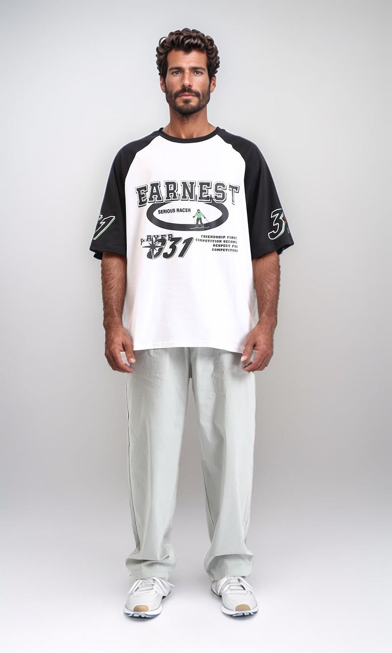 R208547-Bi-Tone Crew Neck Printed Tee - Black & White