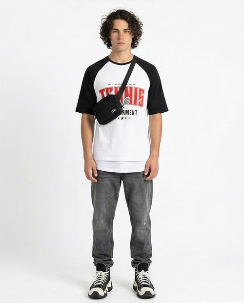 Ravin Men's Vintage Tennis Tournament Raglan T-Shirt - Black/White - R208548