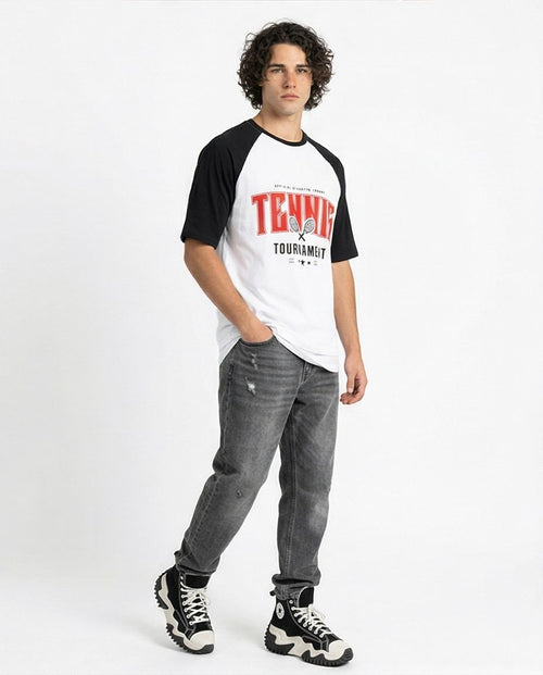 Ravin Men's Vintage Tennis Tournament Raglan T-Shirt - Black/White - R208548