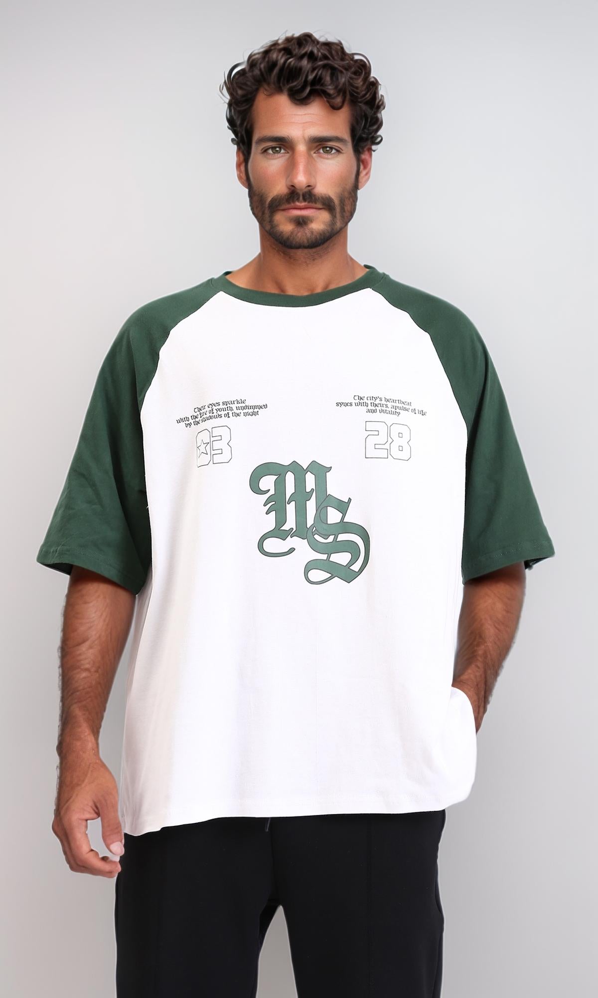 Bi-Tone Crew Neck Printed Tee - Dark Green & White