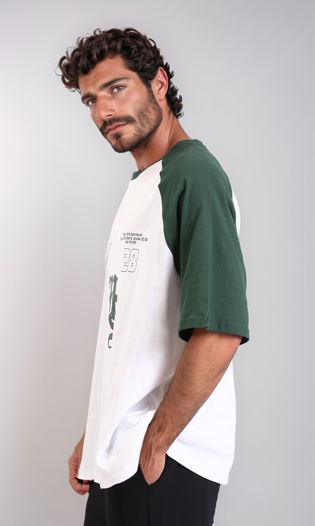 R208549-Bi-Tone Crew Neck Printed Tee - Dark Green & White