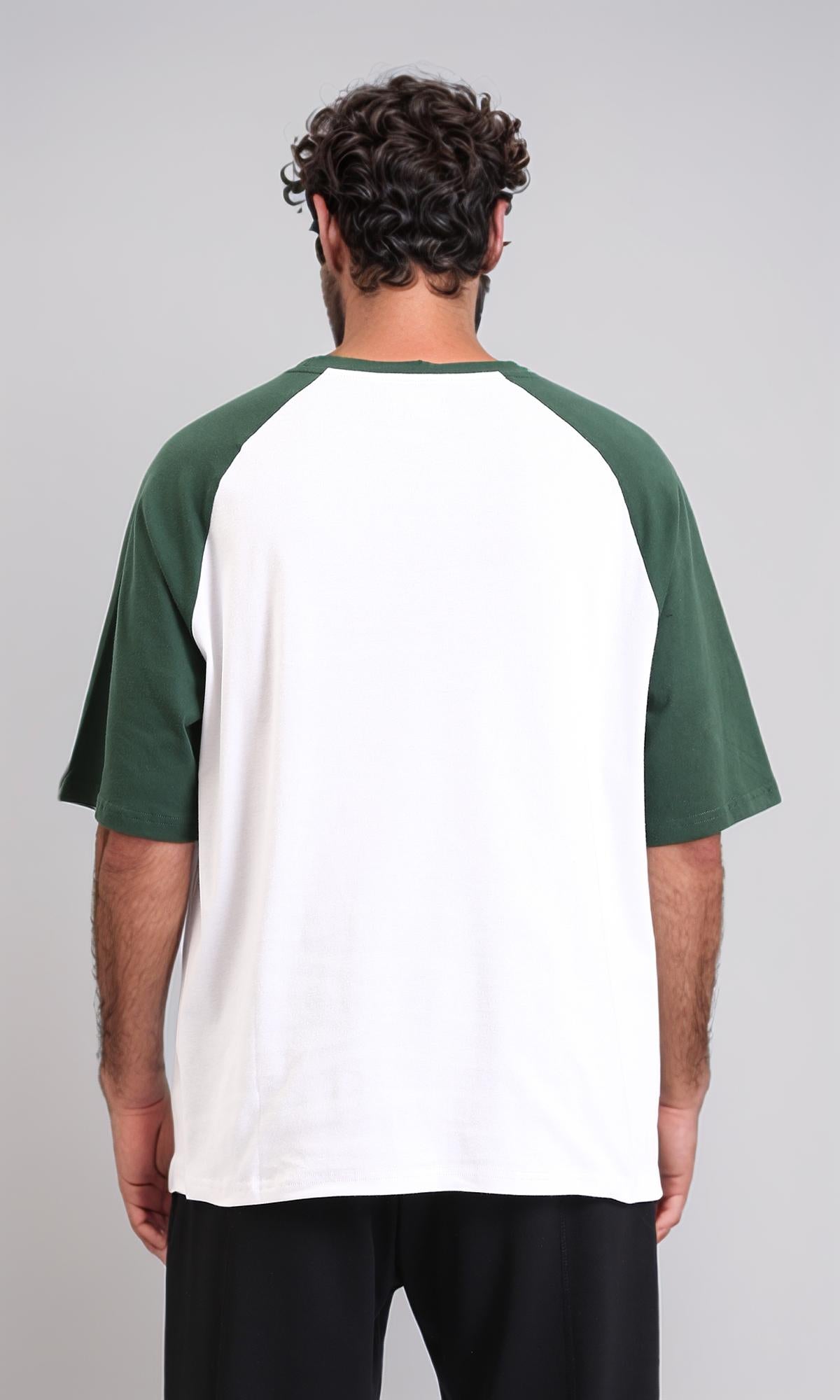 R208549-Bi-Tone Crew Neck Printed Tee - Dark Green & White