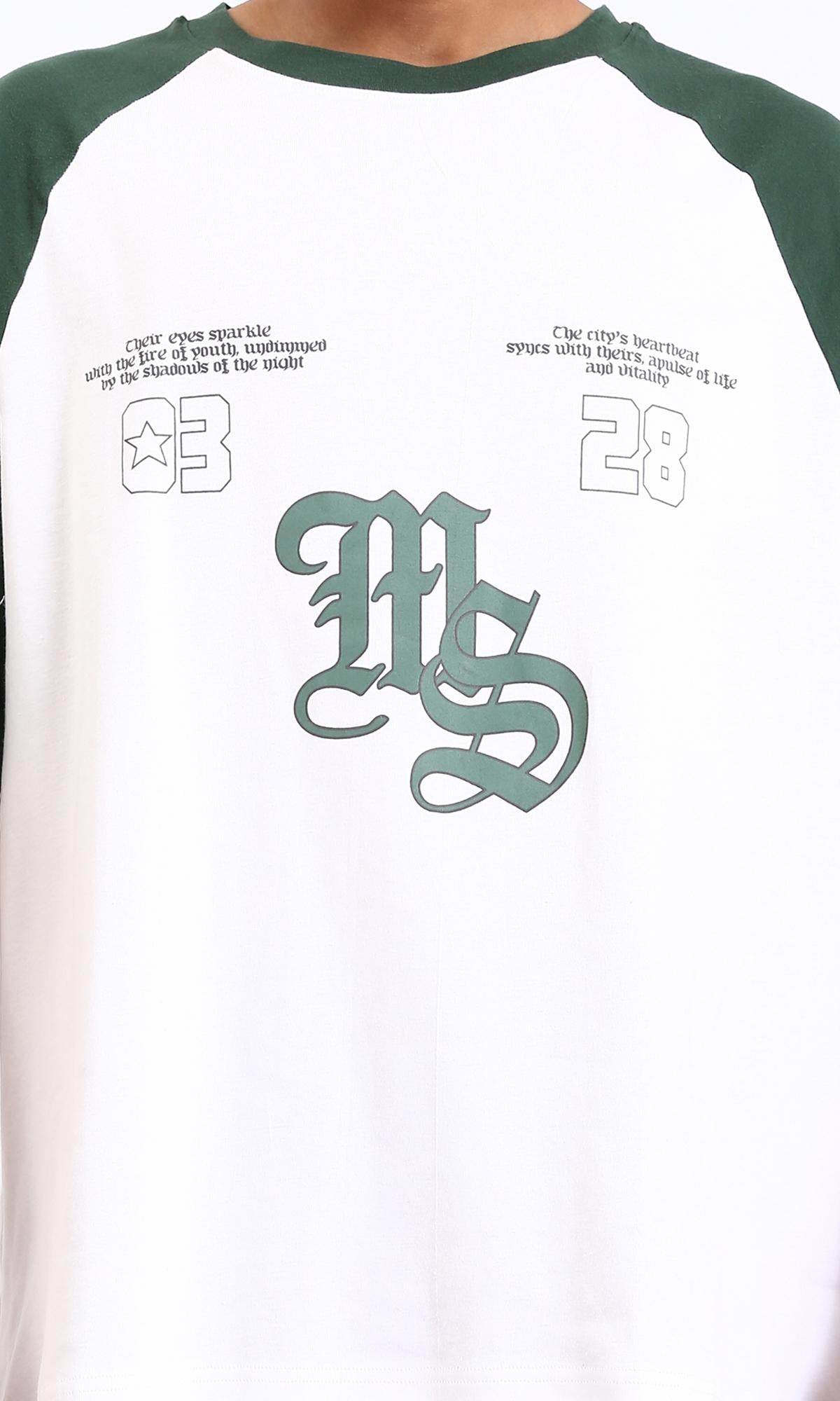 R208549-Bi-Tone Crew Neck Printed Tee - Dark Green & White