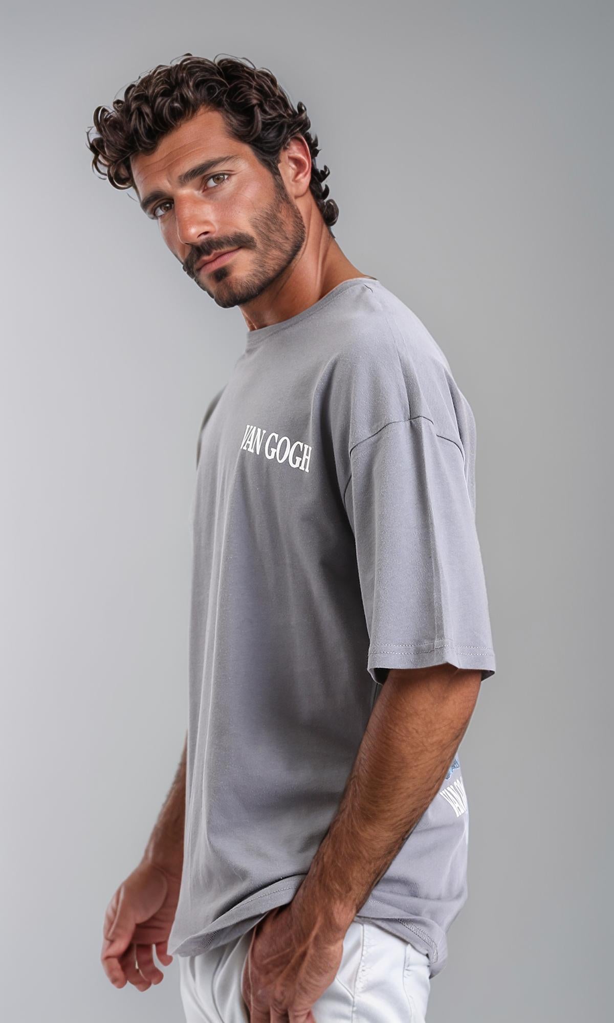 R208552-تي شيرت قطني طويل خفيف الوزن سهل الارتداء - رمادي