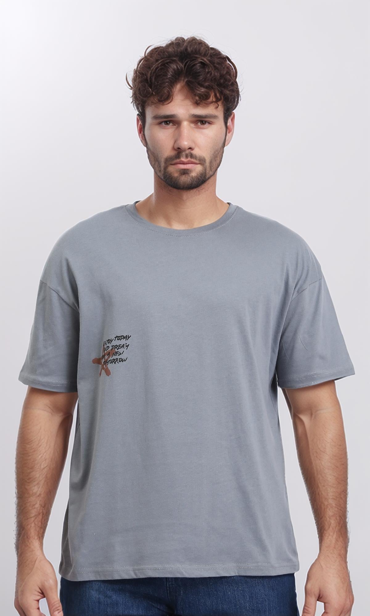 Crew Neck Printed Cotton Tee - Medium Grey