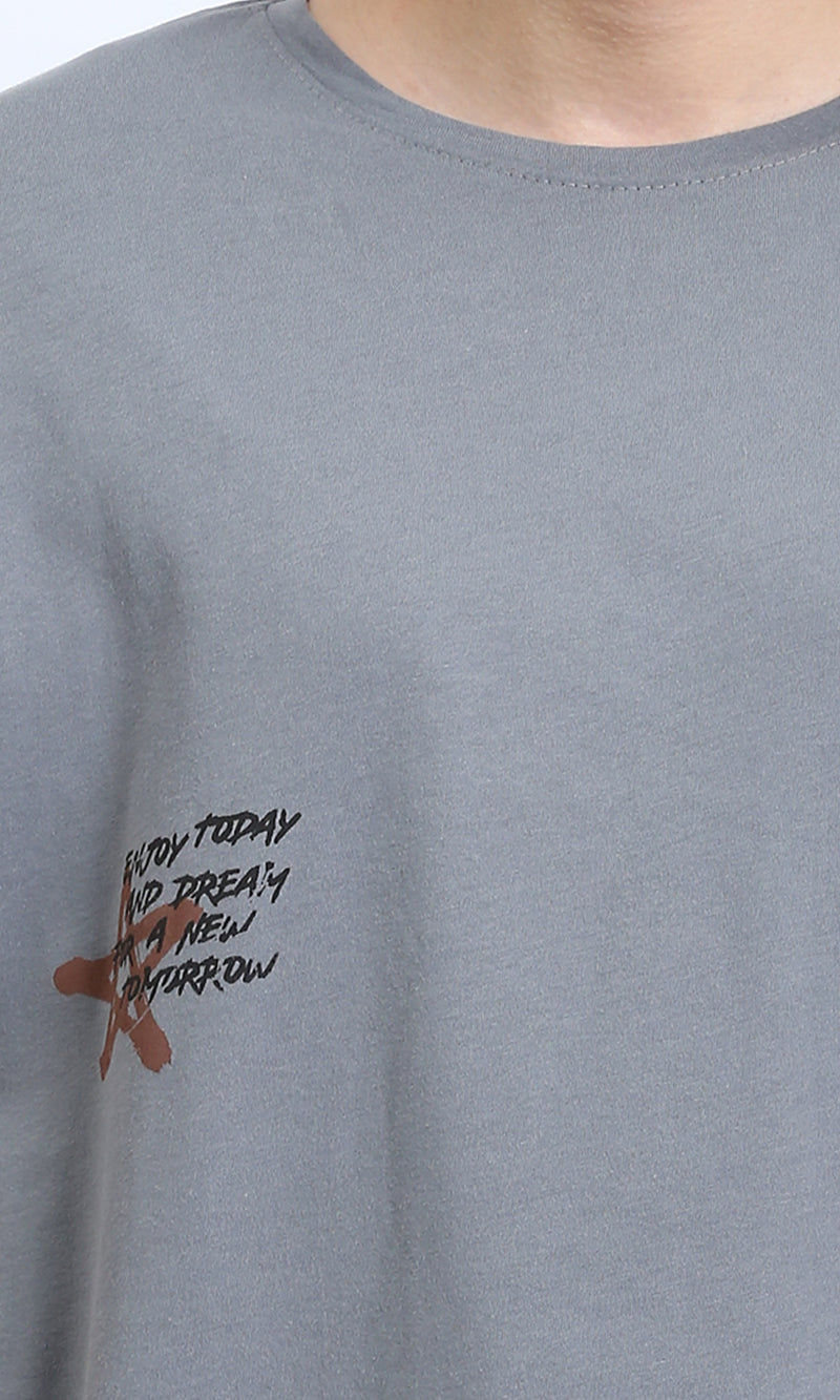 R208553 - Crew Neck Printed Cotton Tee - Medium Grey