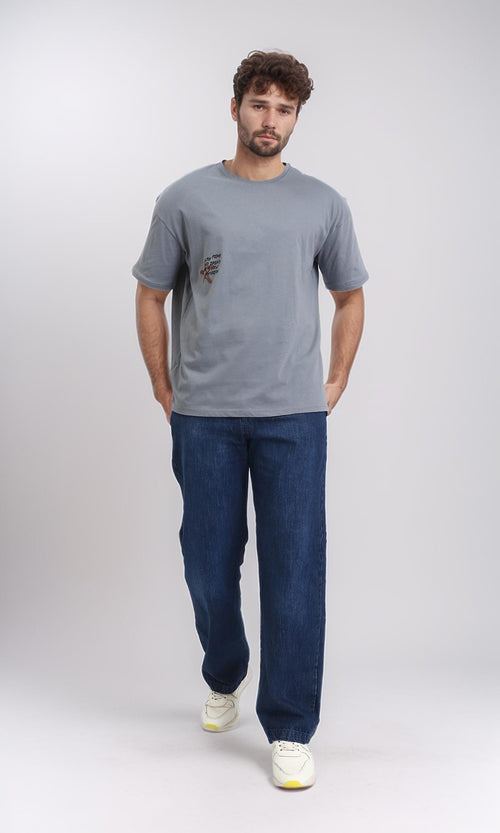 R208553 - Crew Neck Printed Cotton Tee - Medium Grey