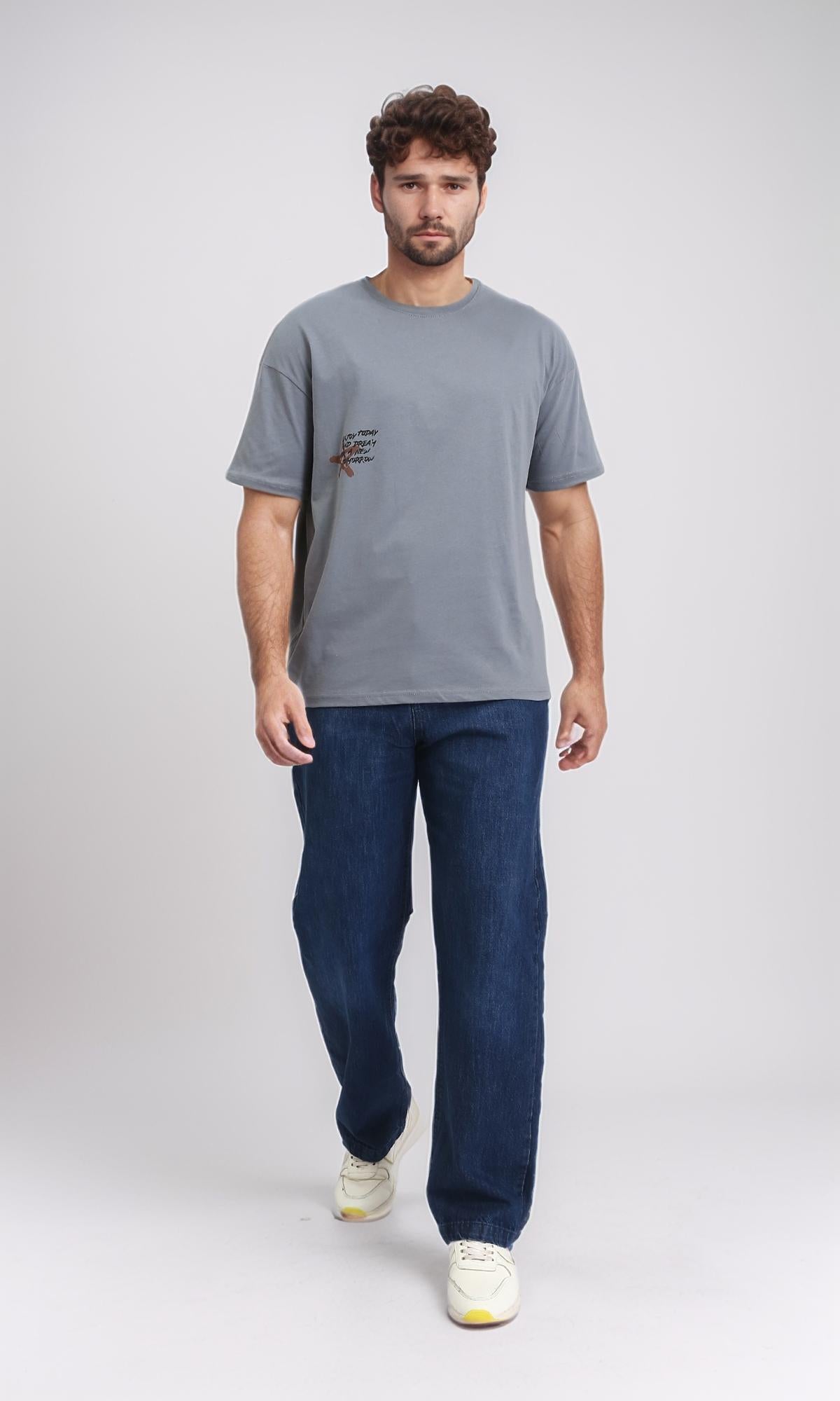 R208553 - تيشيرت قطني مطبوع بياقة دائرية - رمادي متوسط