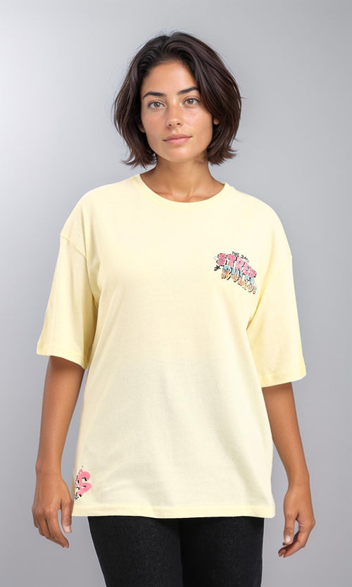 R208554-Slip On Printed Cotton Long Tee - Yellow