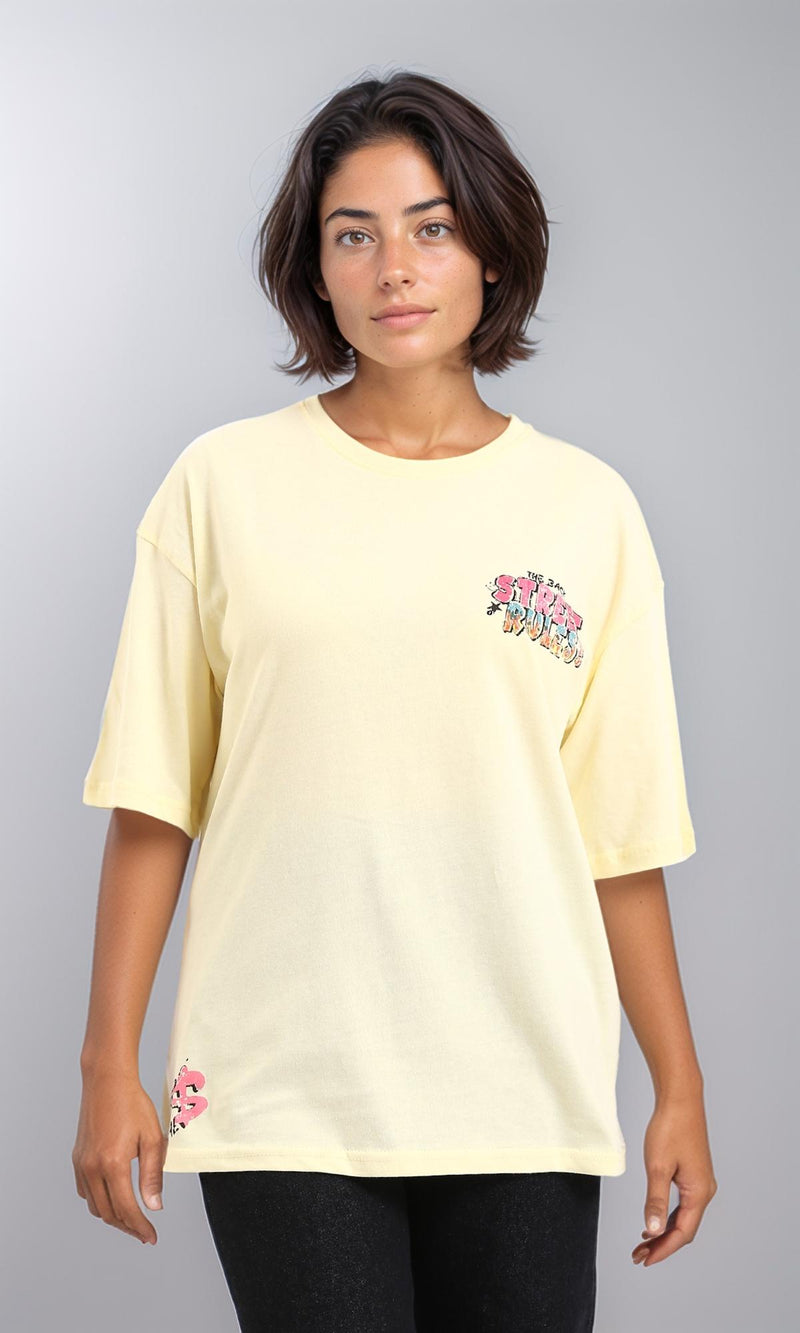 R208554-Slip On Printed Cotton Long Tee - Yellow